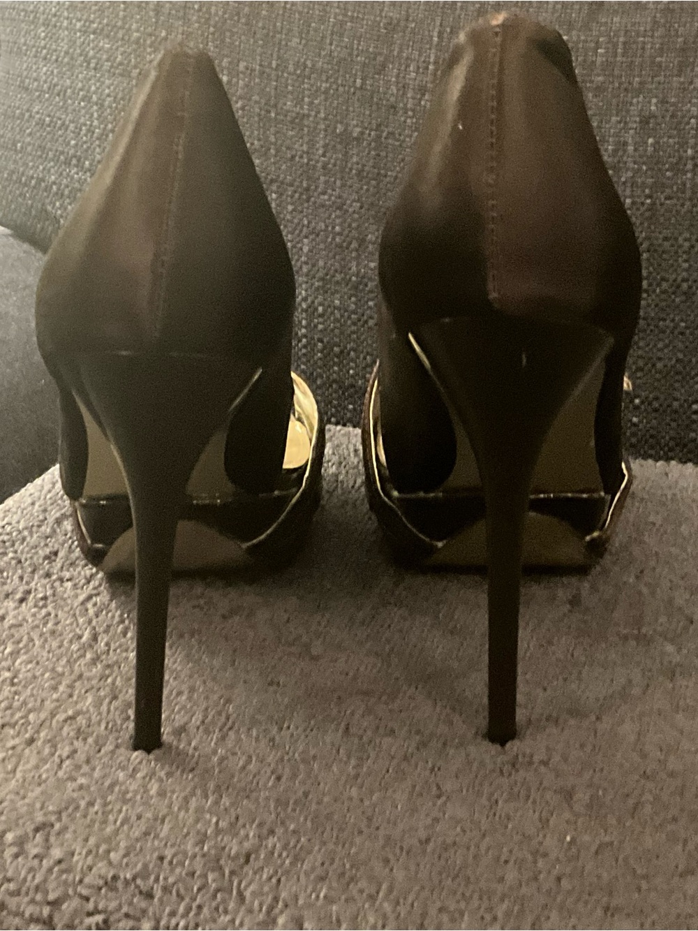 bebe Brown T-Strap Peep-Toe Heels with Gold Insole